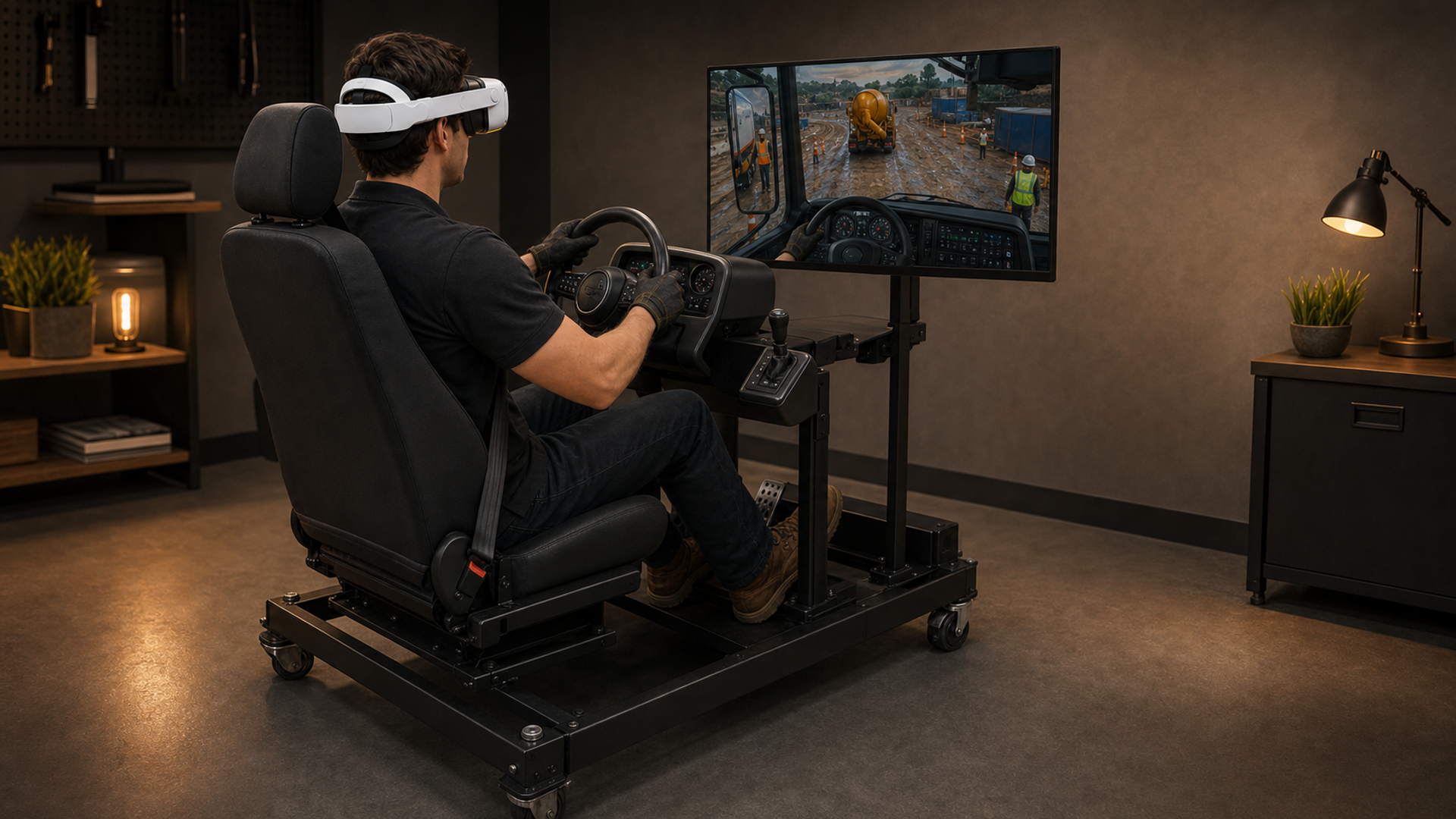 Concept image of a compact VR ready-mix truck simulator station