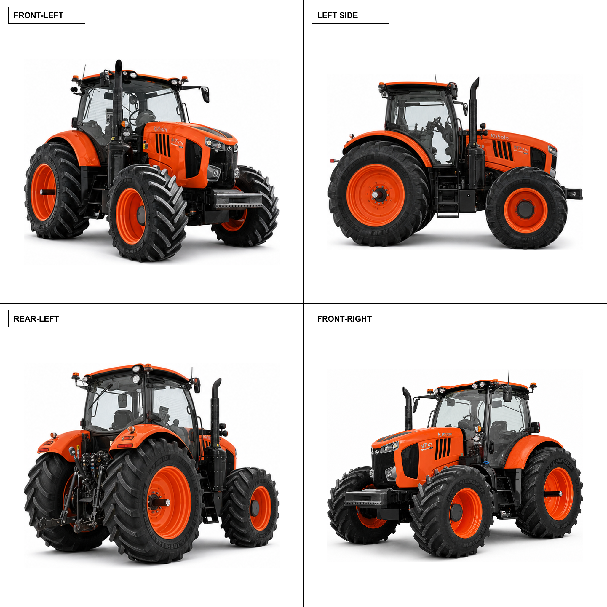 Kubota M7-174 coherent four-view contact sheet