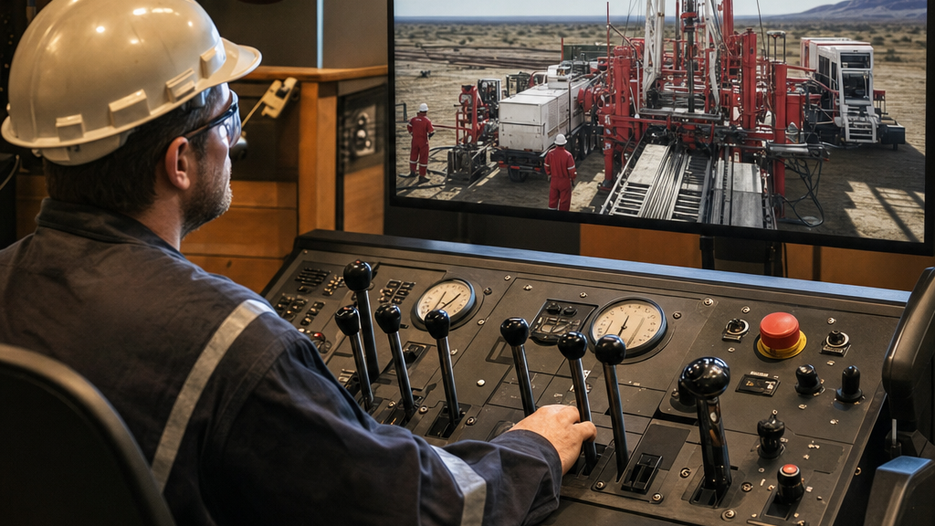 Operator using physical hydraulic workover controls with a simulated HWO field operation