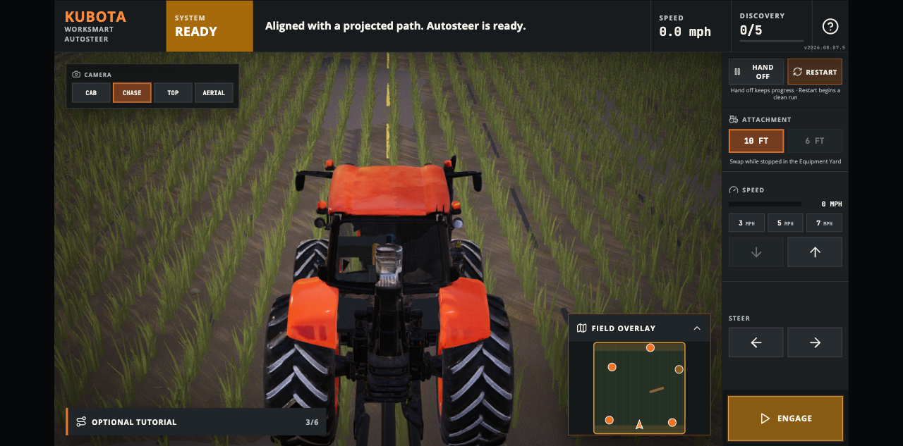 Updated orange M7 tractor in ForgeKubo chase view with transparent tinted cab glazing and connected mower hitch