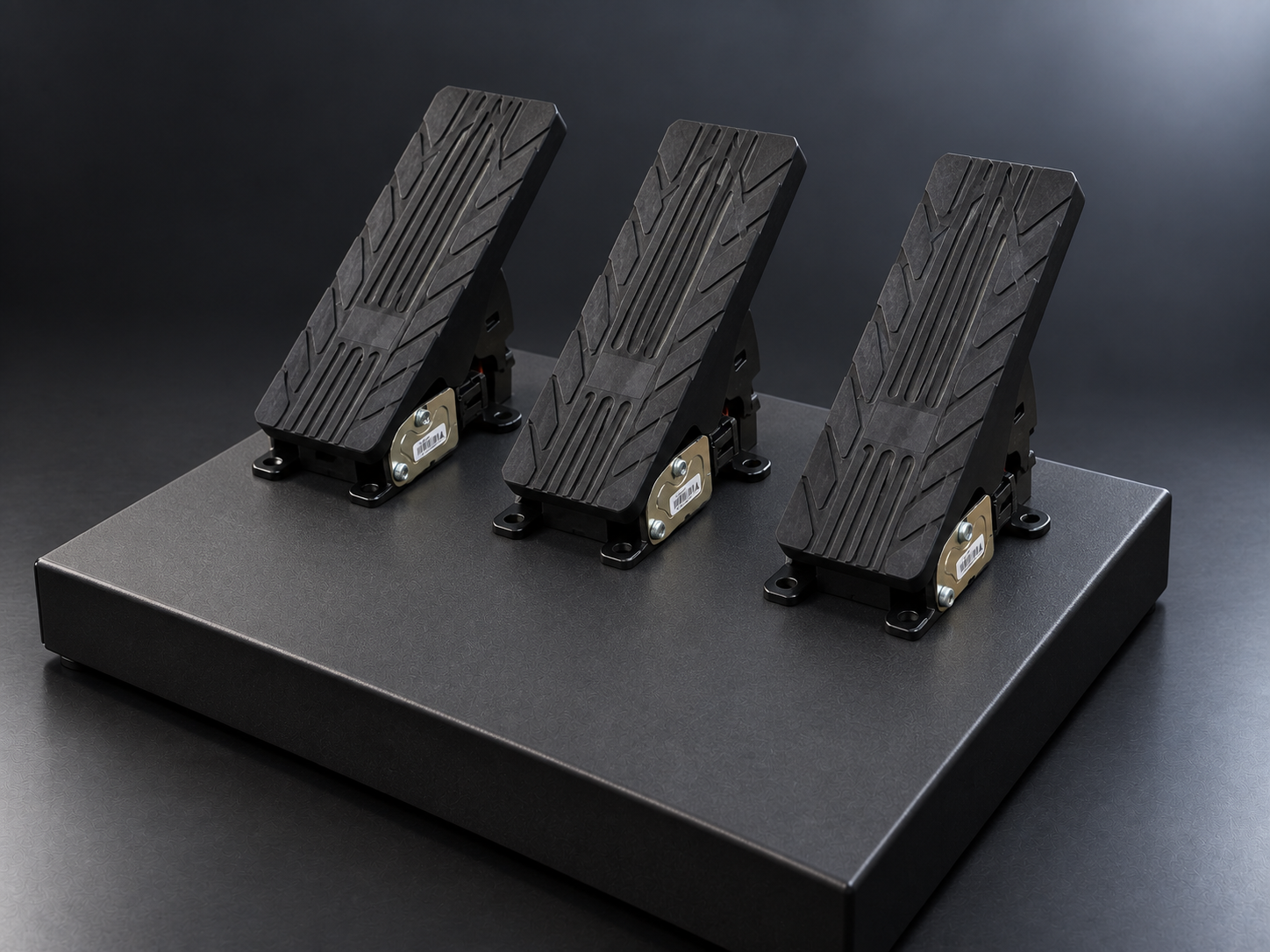 Attempt 4: three pedals on deep black base with clear heel apron
