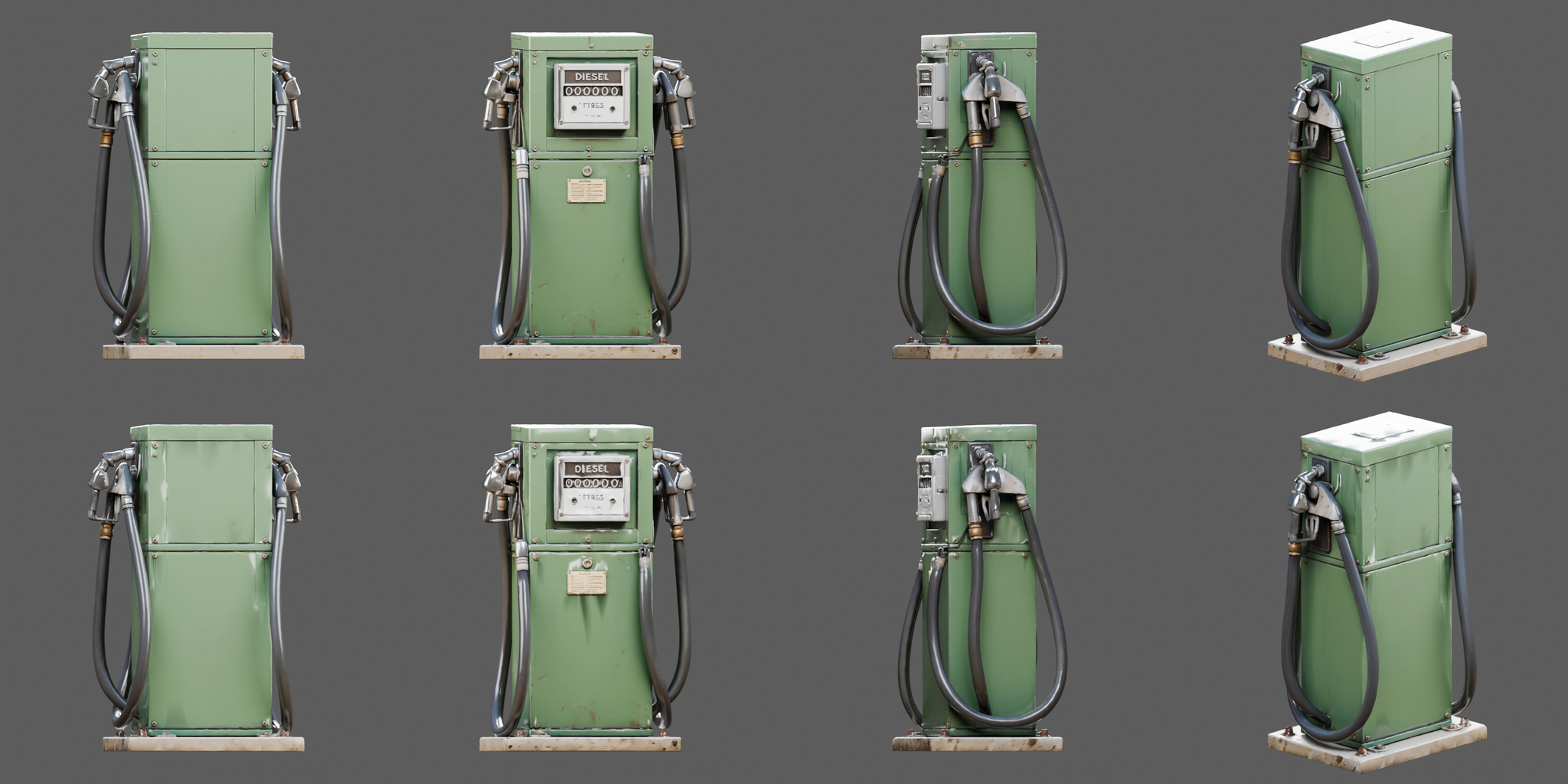 Four-angle comparison: high-detail source top row, optimized model bottom row
