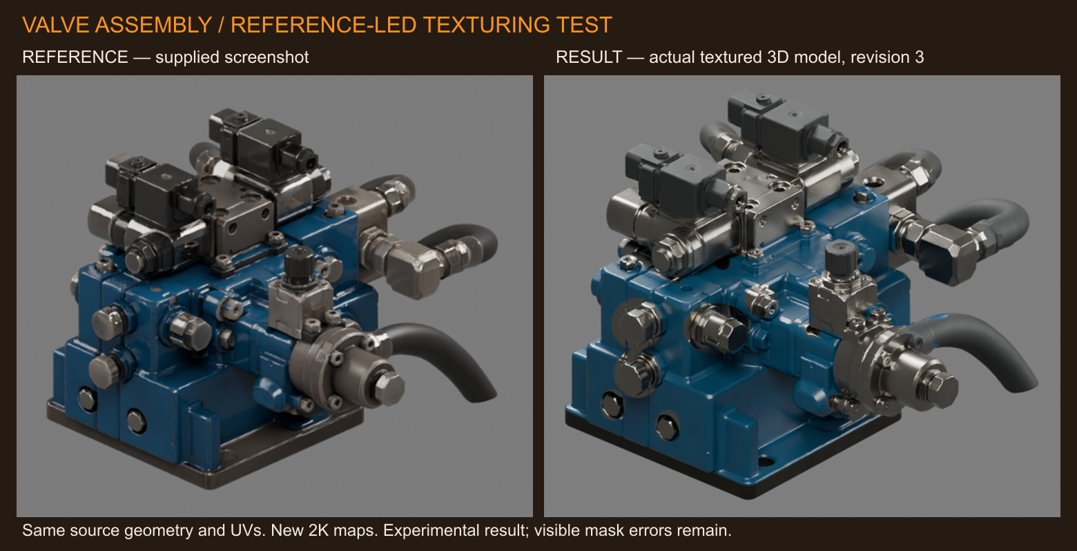 Reference screenshot on the left and actual newly textured valve model on the right