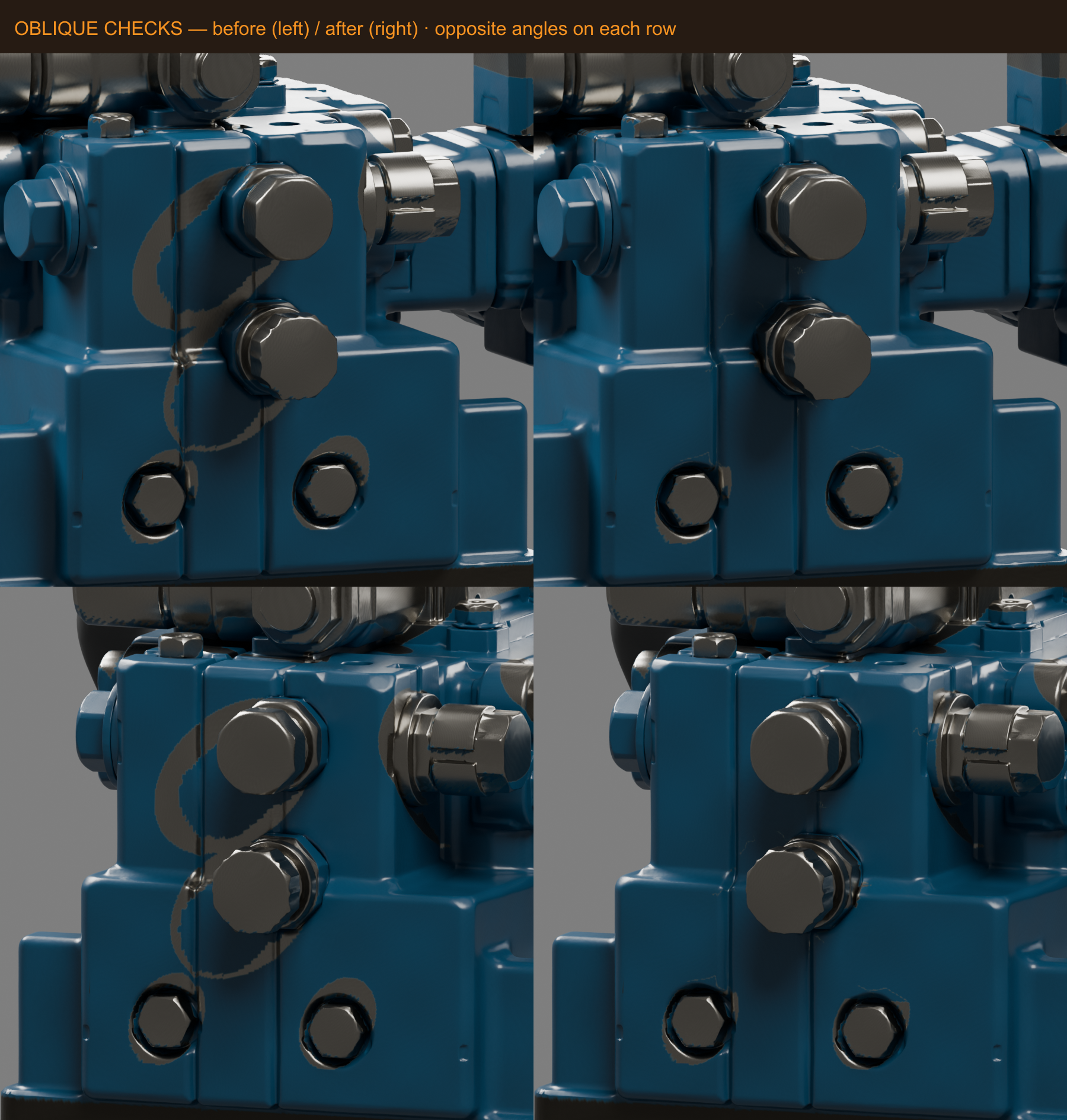 Two oblique camera checks. Before left and after right on both rows.