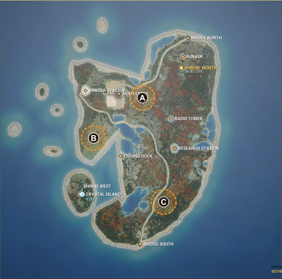 Actual island map with candidate areas A, B and C