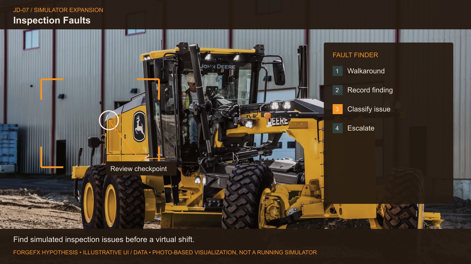 Inspection Faults: original Deere equipment photo with proposed software interface