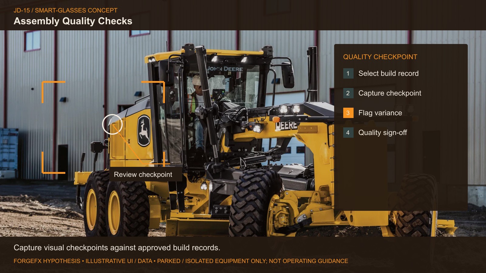 Assembly Quality Checks: original Deere equipment photo with proposed software interface