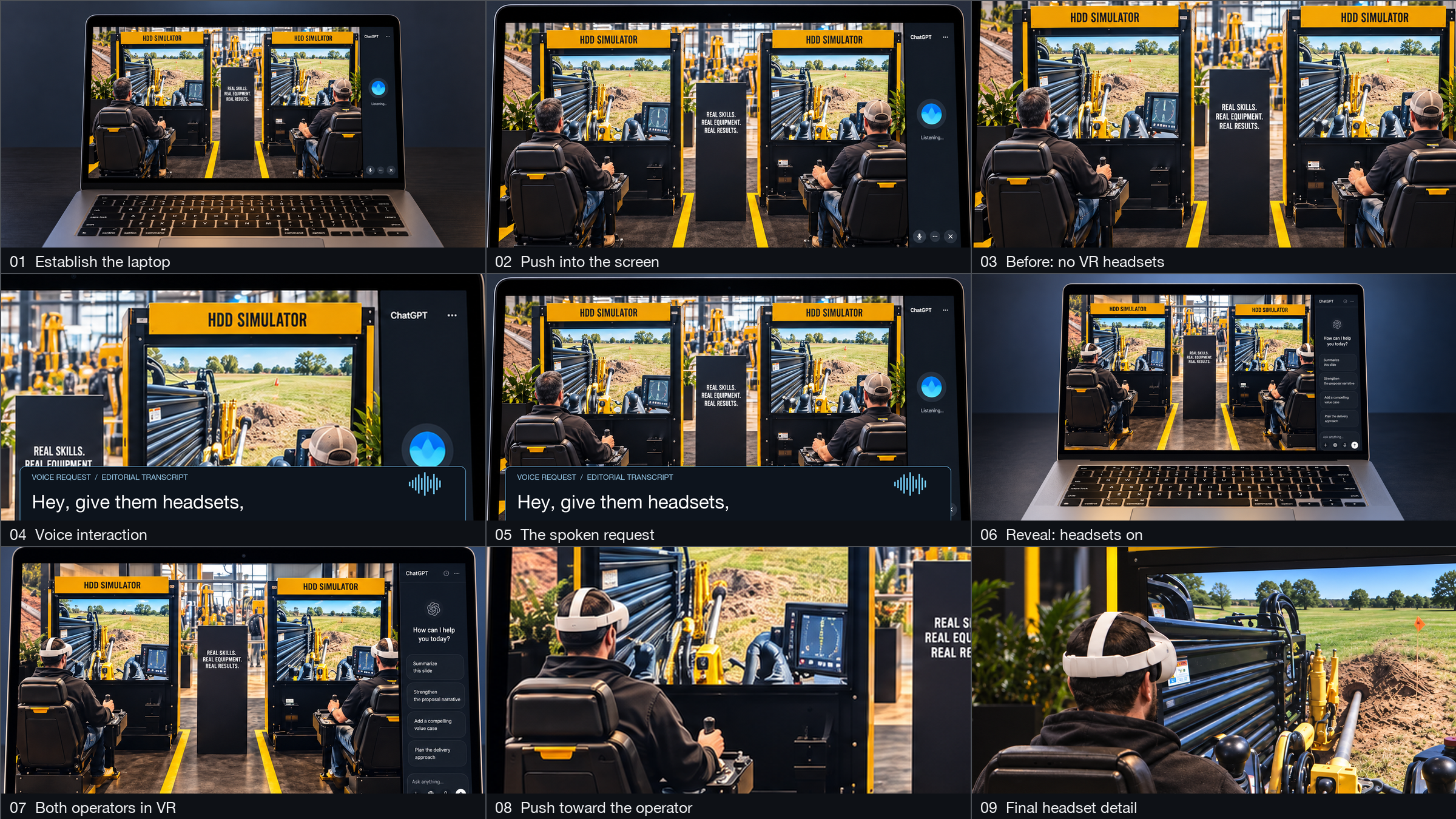 Give them headsets - nine-frame narrative storyboard