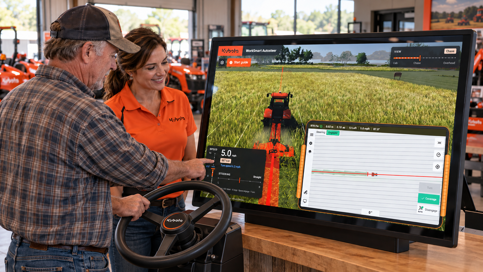 A farmer tries the large touch display with a dealer alongside. A relaxed, brief introduction rather than a classroom presentation.