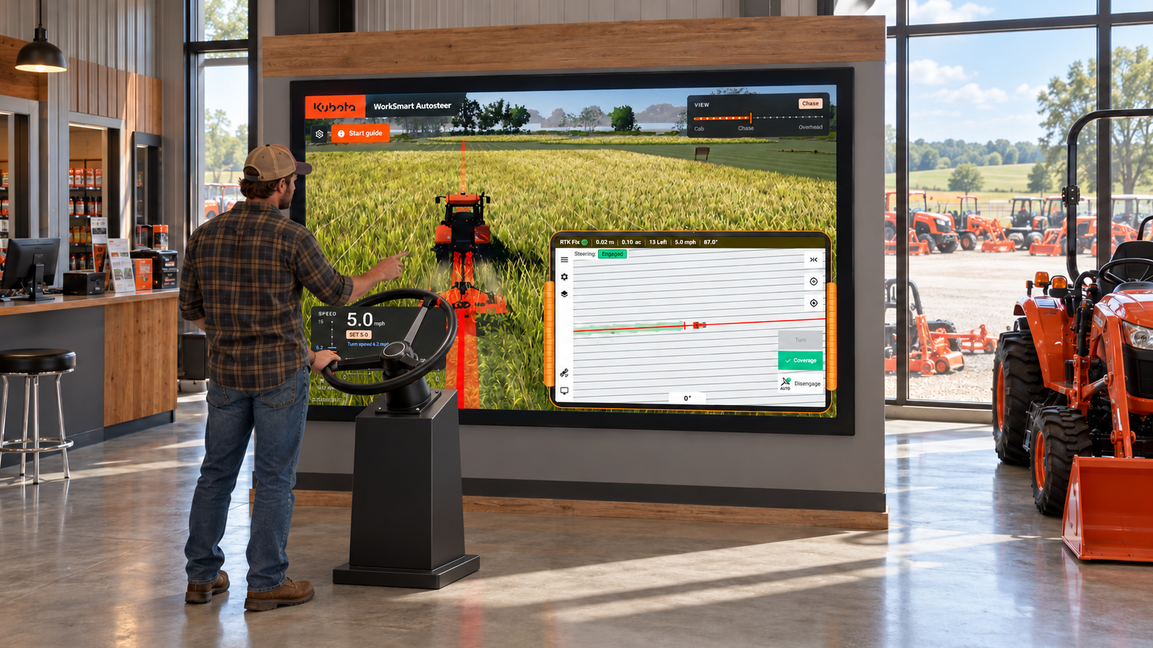 An approachable touch display inside an everyday rural dealership. Open floor space, daylight and nearby equipment make the demo feel part of a normal visit.