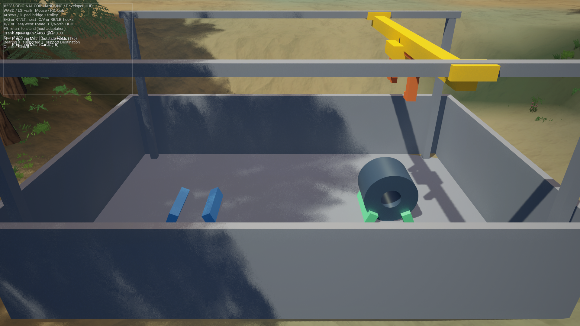 Native Forge Island crane test final frame: released coil and withdrawn hook