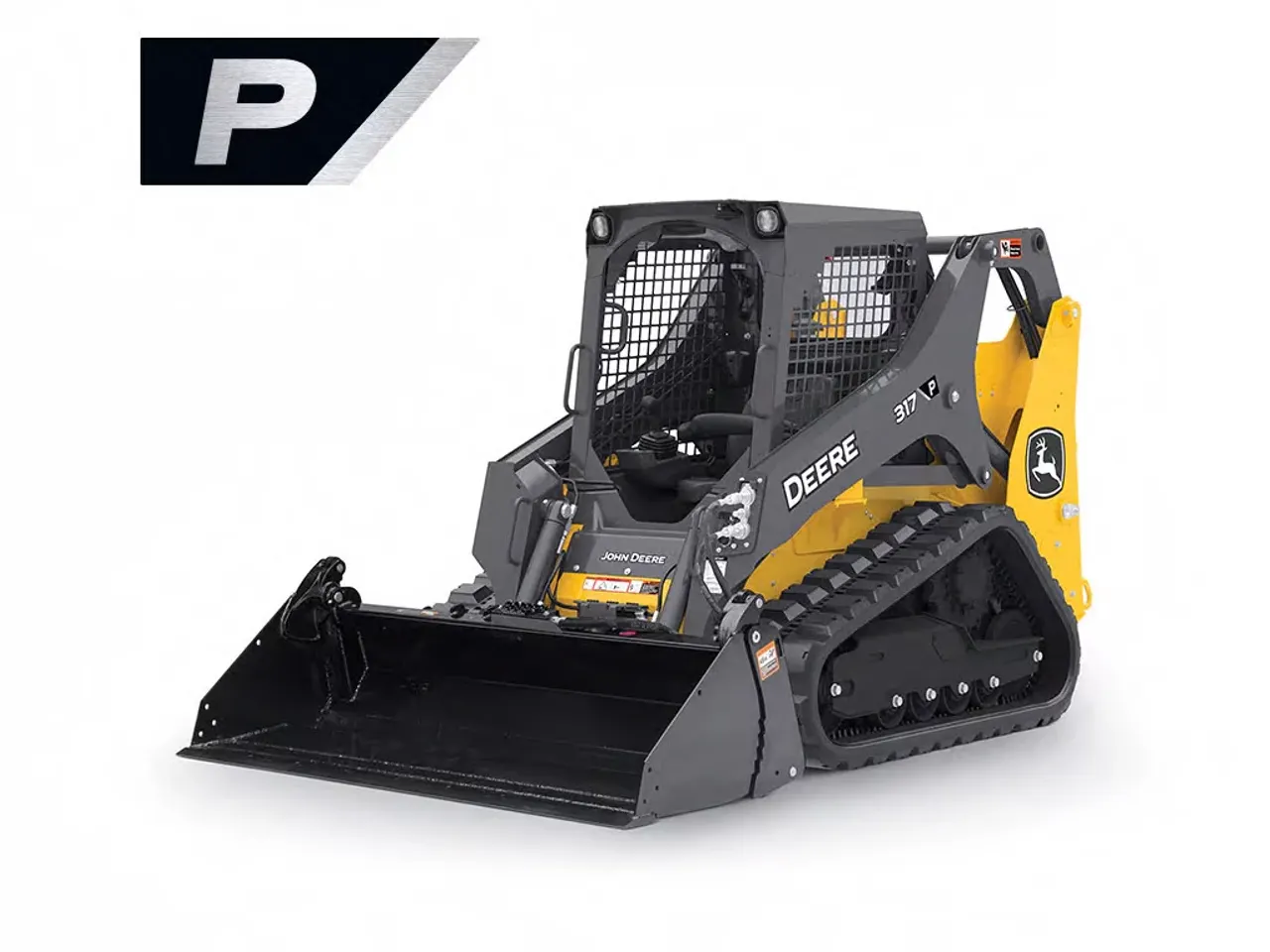 John Deere 333 P-Tier gallery — John Deere compact track loader with rubber tracks and a large black front bucket, featuring a gray and yellow body, enclosed cab with protective me