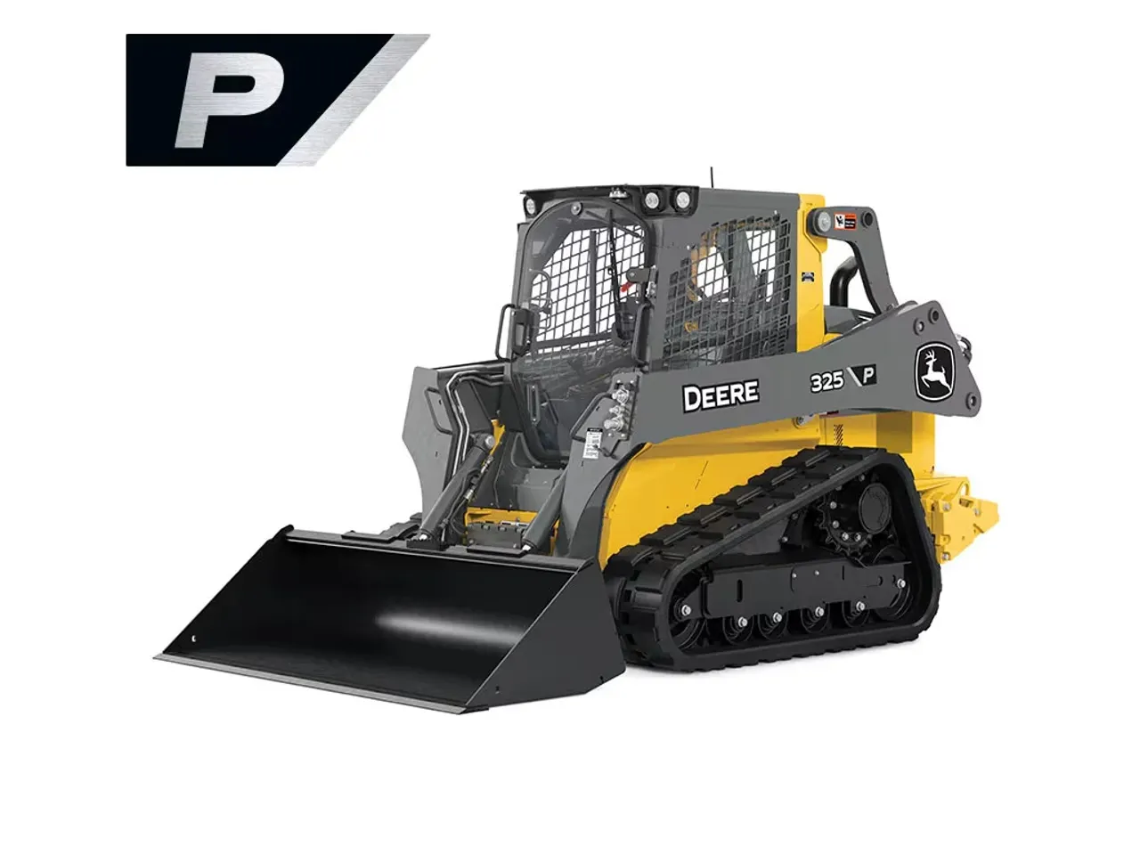 John Deere 333 P-Tier gallery — Yellow and black John Deere tracked loader with a front bucket attachment, shown against a plain white background with a stylized black and silver "