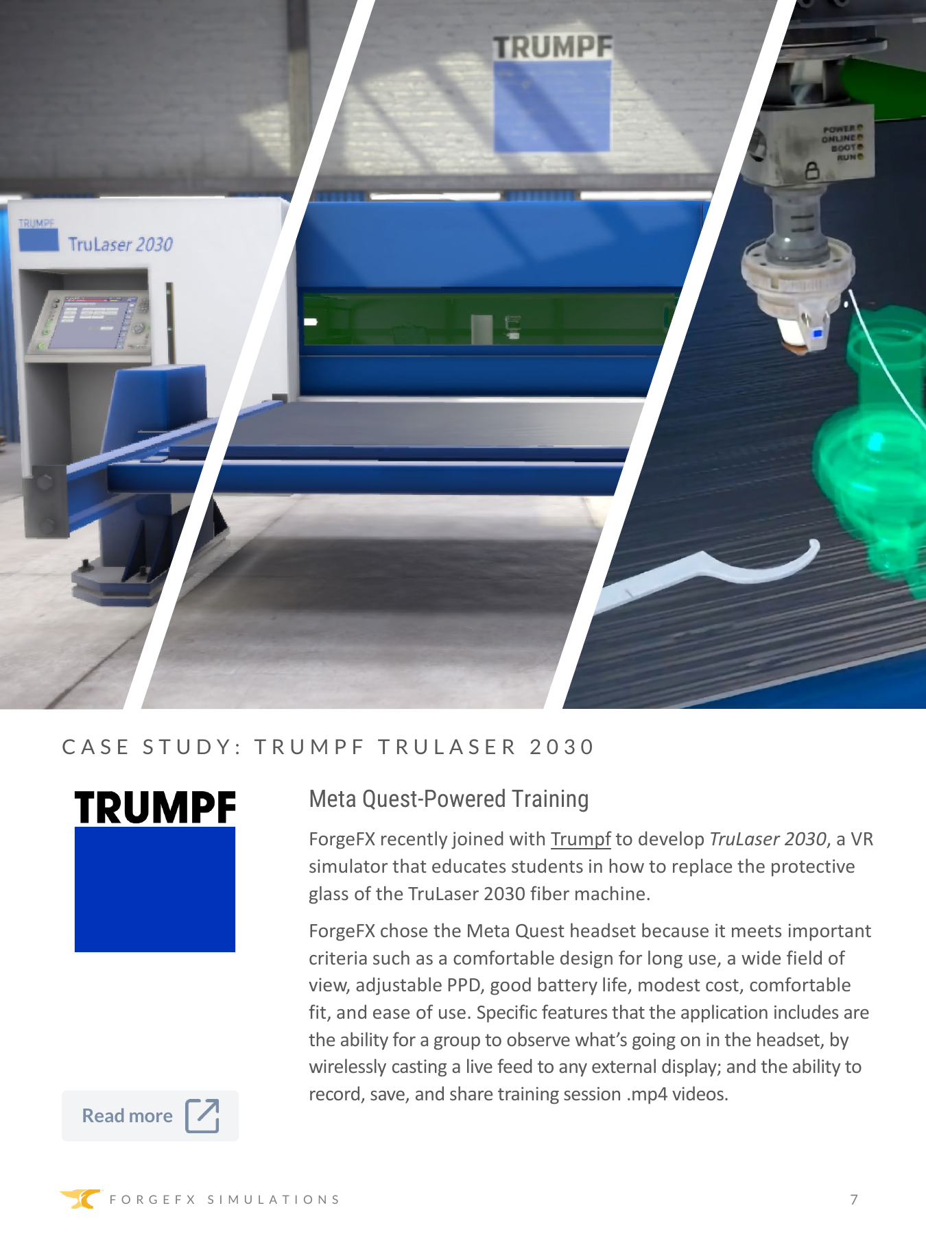 Public TRUMPF case-study imagery showing the TruLaser 2030 and virtual protective glass replacement
