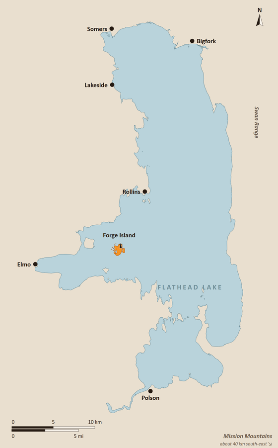 Forge Island in Flathead Lake with Summit Tower - map v4